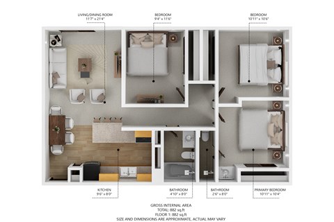 A floor plan of a small apartment with a living room, two bedrooms, and two bathrooms.